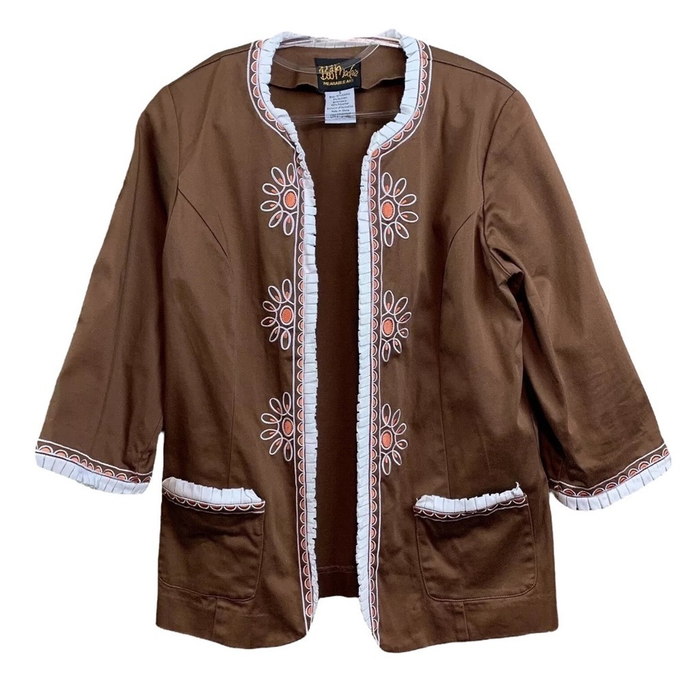 Bob Mackie Embroidered Pleated Cotton Jacket Wearable Art Brown White Size Small